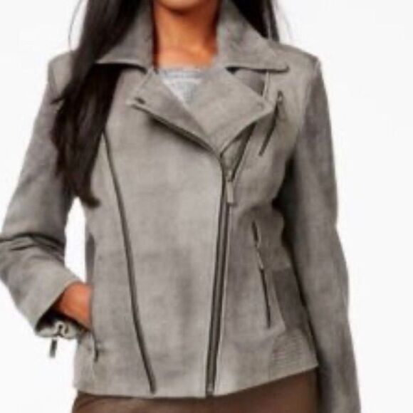 NEW Michael Kors Moto Coat Jacket Gray Soft Leather Motorcycle Silver XS